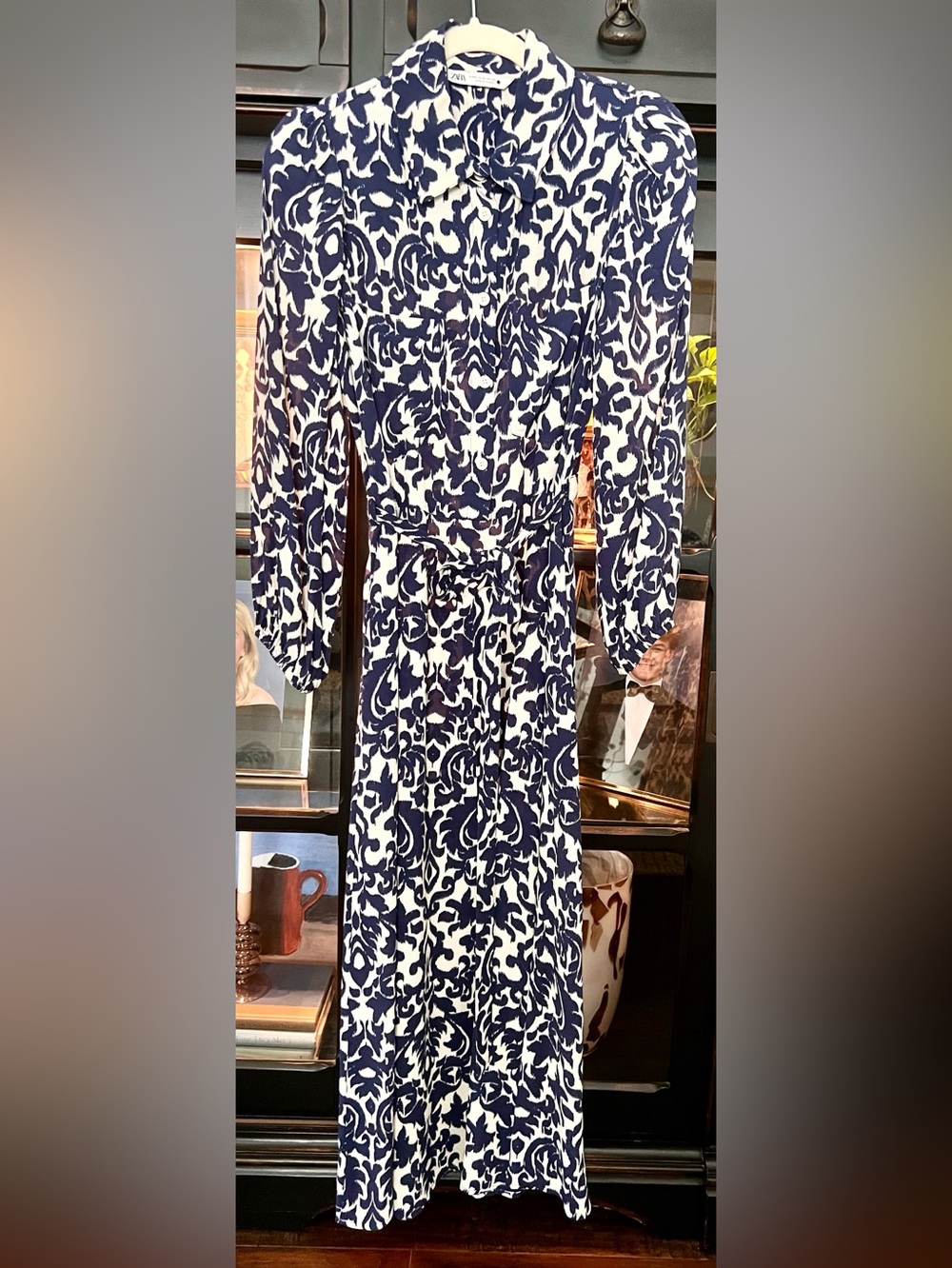 Zara Navy and White Printed Midi/Maxi Dress